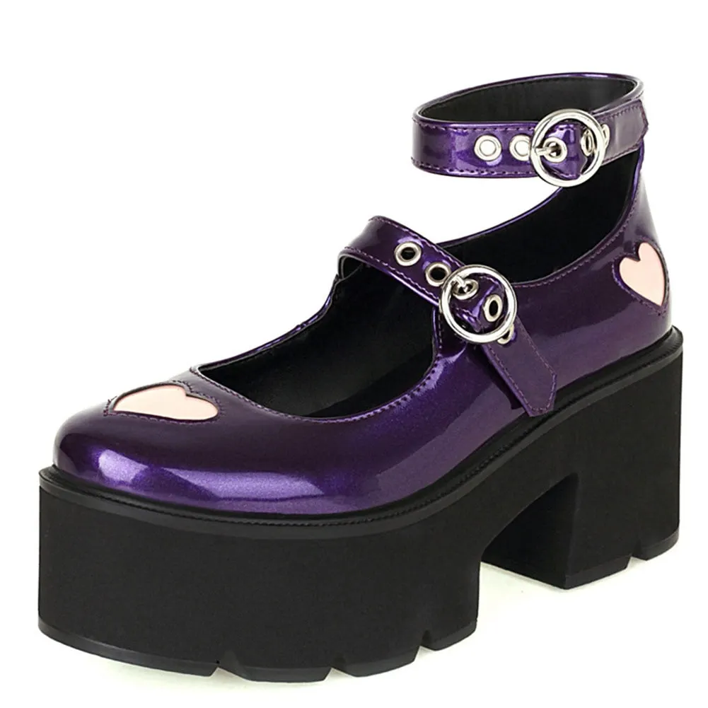 2022 Brand New Sale Block Heels Buckles Heart Platform Black Gothic Girls Cosplay Lolita Mary Janes Pumps Shoes Women