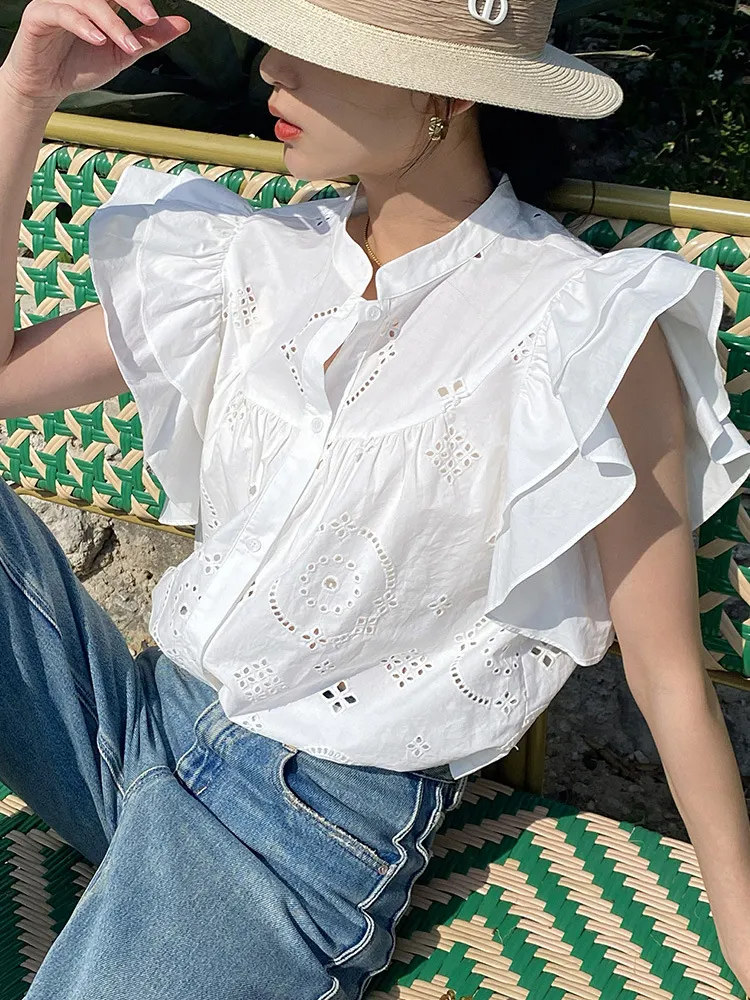 Uveng Uveng Sense Of White Shirt Summer French White Shirt Lotus Sleeves Of The Famous Wind Short Top Korean European Women's Clothing Tide