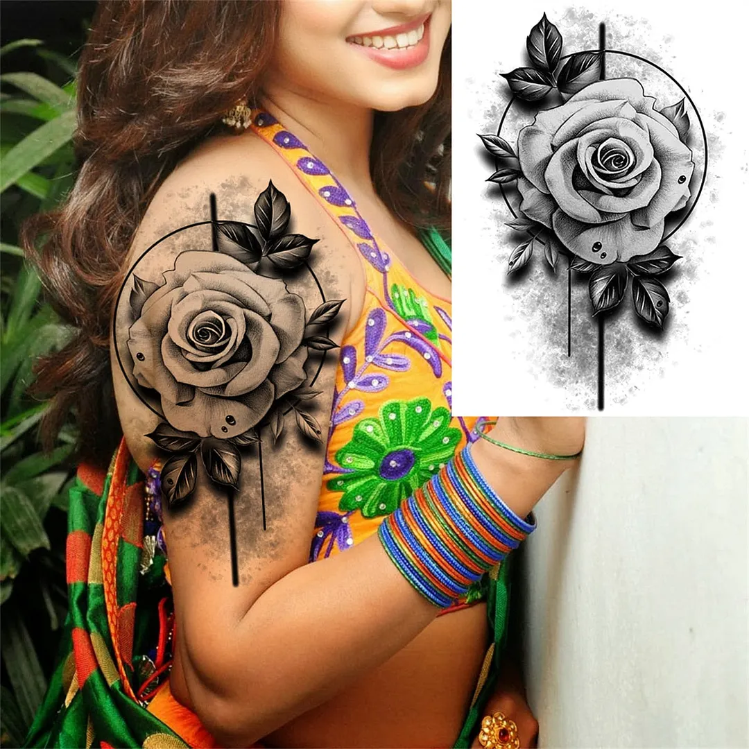 Flower Compass Temporary Tattoo For Women Girls Adult Rose Peony Tattoos Sticker Fake Black Floral Body Art Thigh Tatoos Paper