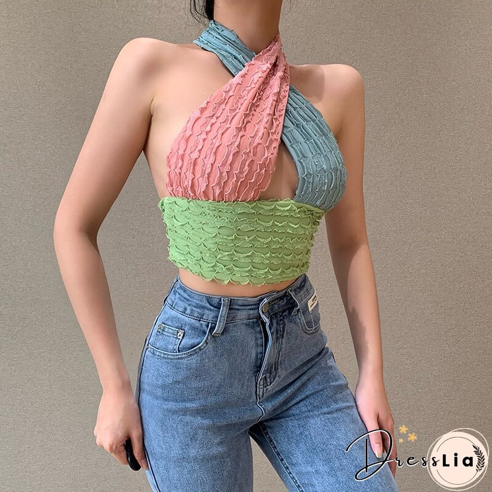 Patchwork Hollow Out Knit Crop Top Women Halter Neck Summer Sleeveless Backless Sexy Off Shoulder Party Tank Tops