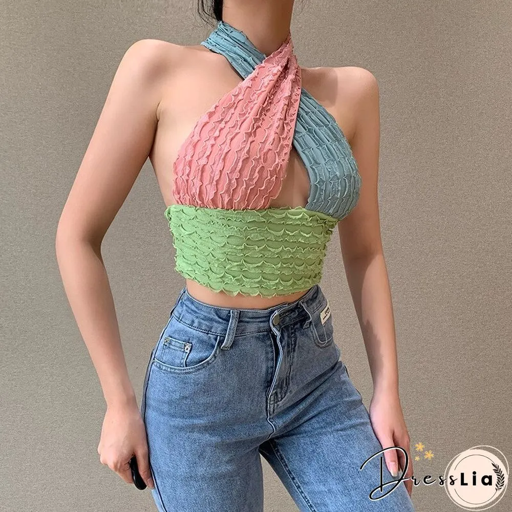 Patchwork Hollow Out Knit Crop Top Women Halter Neck Summer Sleeveless Backless Sexy Off Shoulder Party Tank Tops