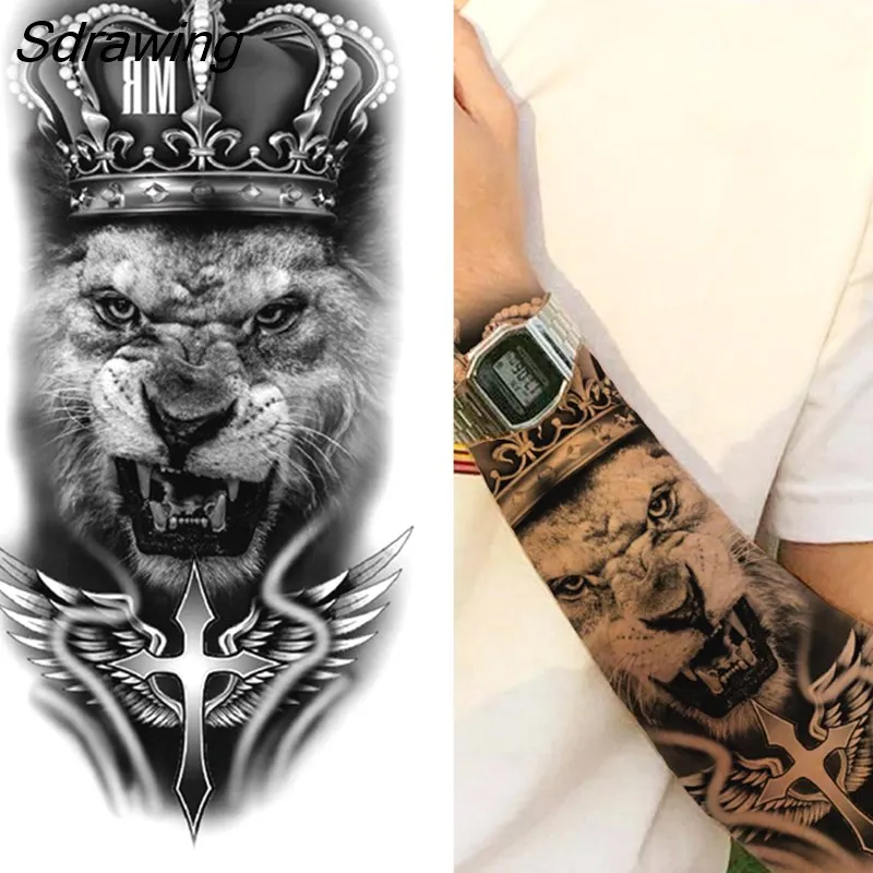 Sdrawing Tiger Temporary Tattoos For Men Women Kids Lion Skull Cross Tattoo Sticker Black Compass Skeleton Tatoos Leg Thigh 328-0