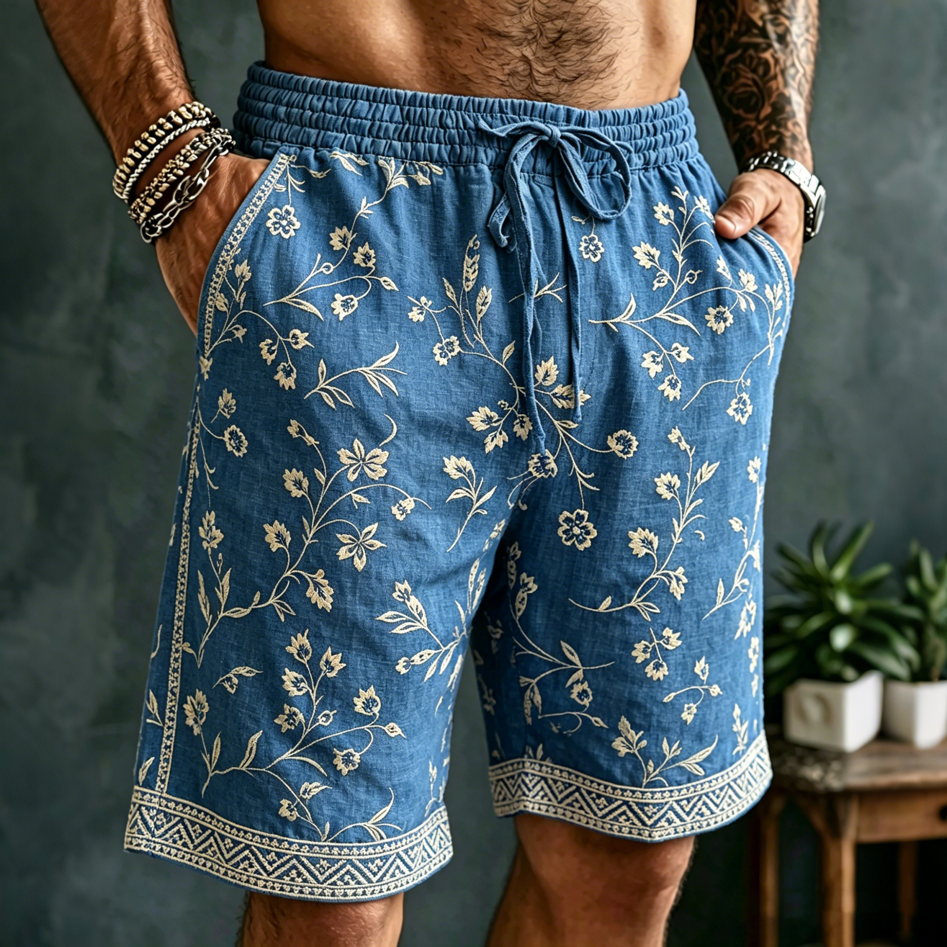 Comstylish Men's Vintage Floral Embroidered Art Print Flowy Linen Blend Casual Shorts