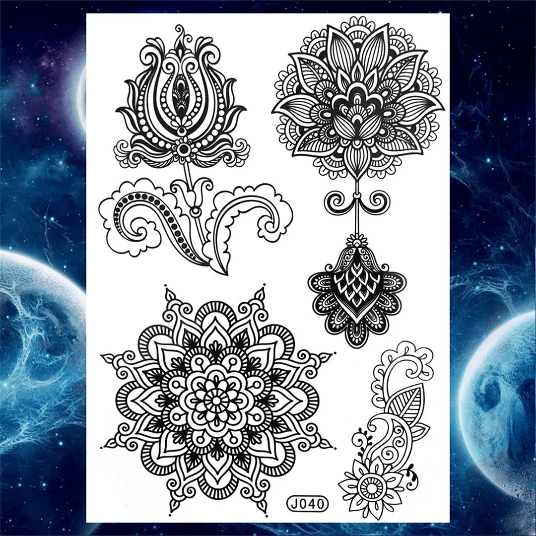 Sexy Black Henna Temporary Tattoos For Women Girls Lotus Flower Lace Tattoo Sticker Fake Jewelry Mandala Body Chest Tatoos Paper