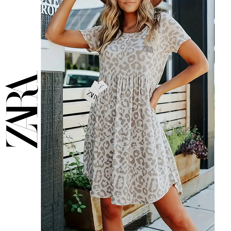 Zara kolekcija ljeto 2025. - Ženska ležerna haljina s leopard uzorkom i kratkim rukavima