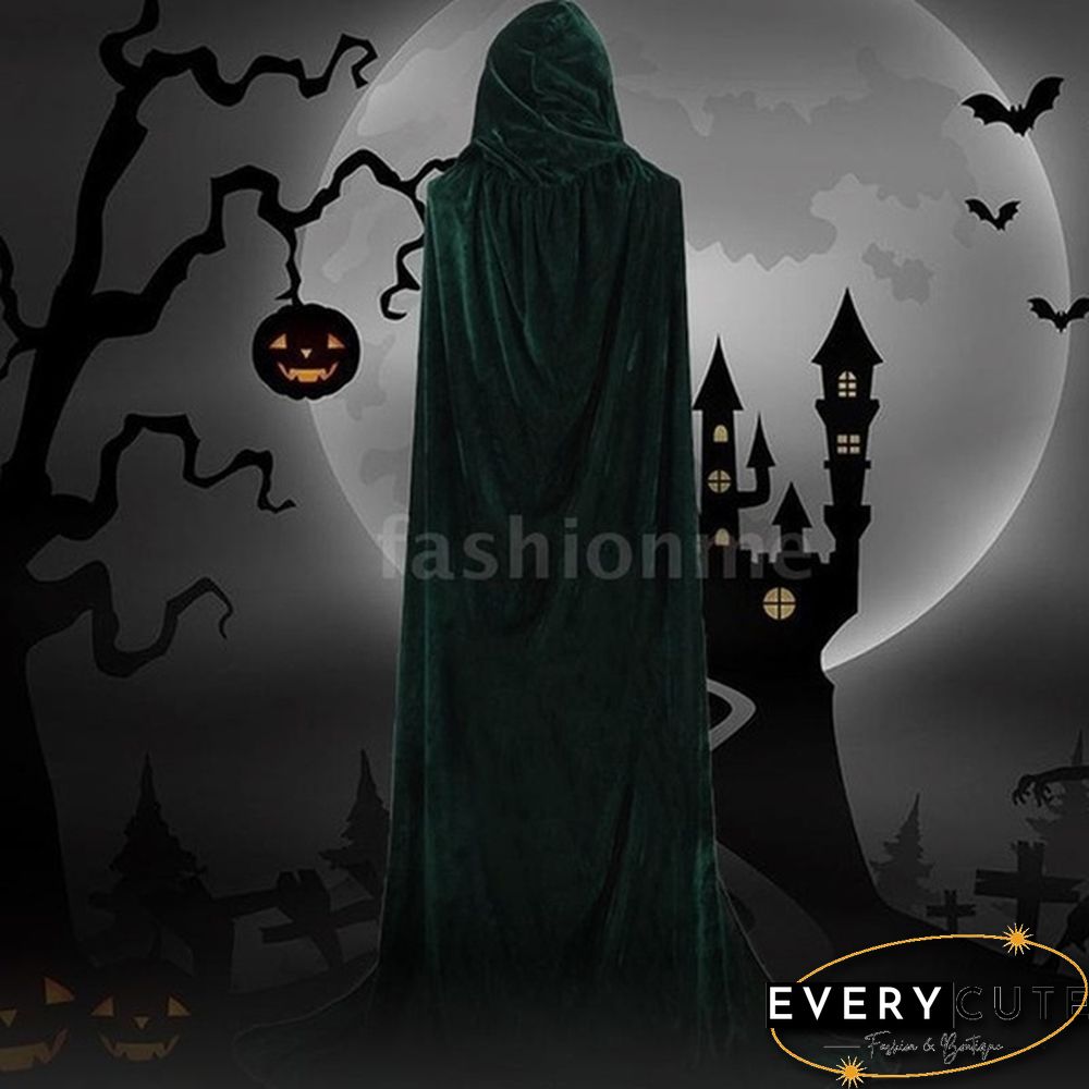 Adult Hooded Cloak Long Velvet Cape Robe Green Black Red Halloween Carnival Purim Coats Medieval Witch Wicca Vampire Costume