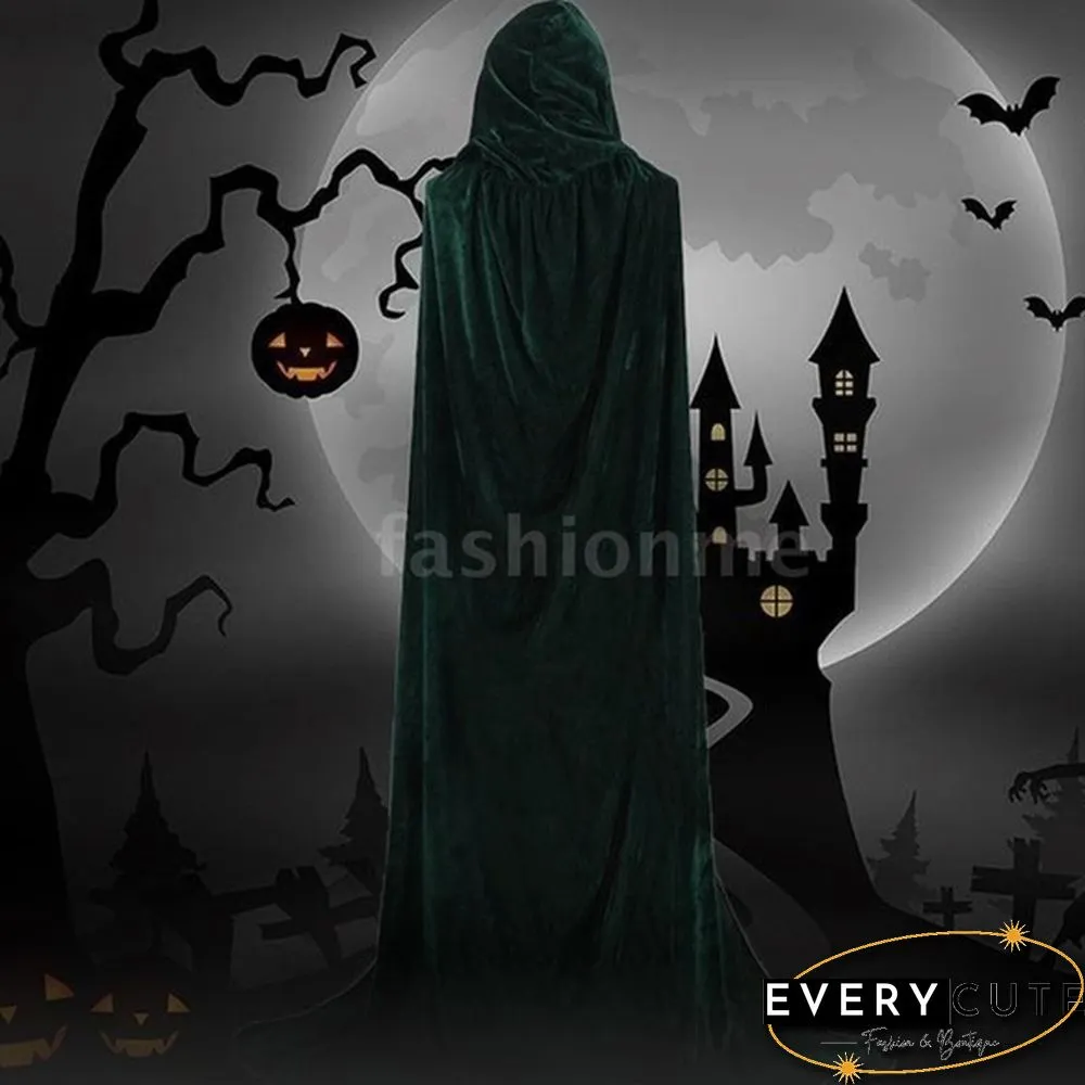 Adult Hooded Cloak Long Velvet Cape Robe Green Black Red Halloween Carnival Purim Coats Medieval Witch Wicca Vampire Costume