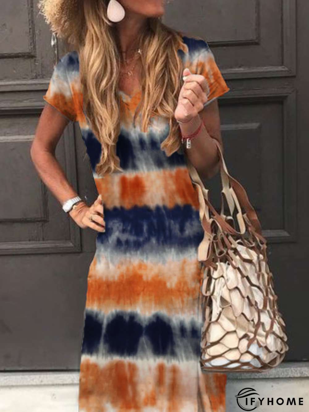 Plus size Short Sleeve V Neck Weaving Dress | IFYHOME