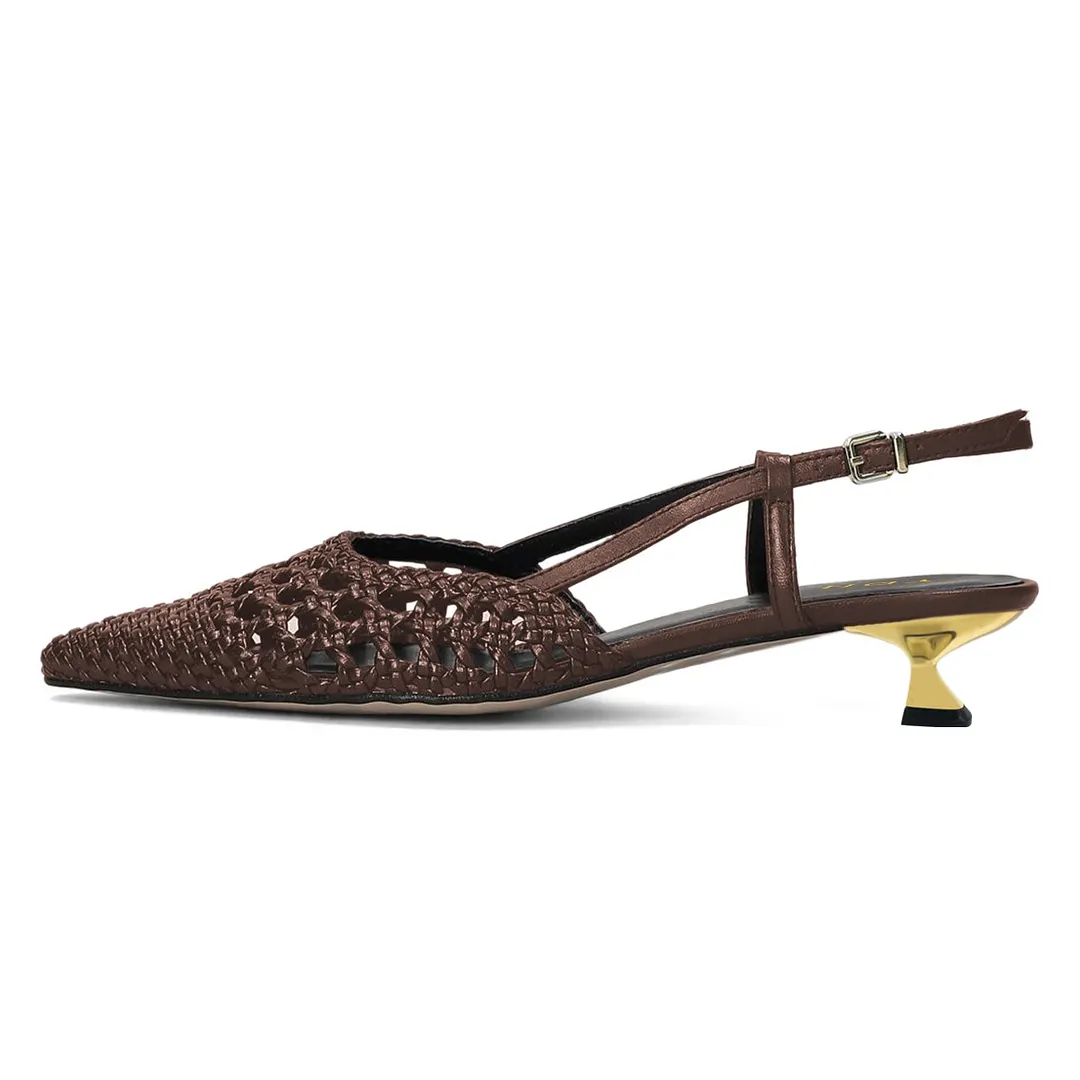 Brown Pointed Toe Woven Detail Kitten Heel Chic Slingback Shoes
