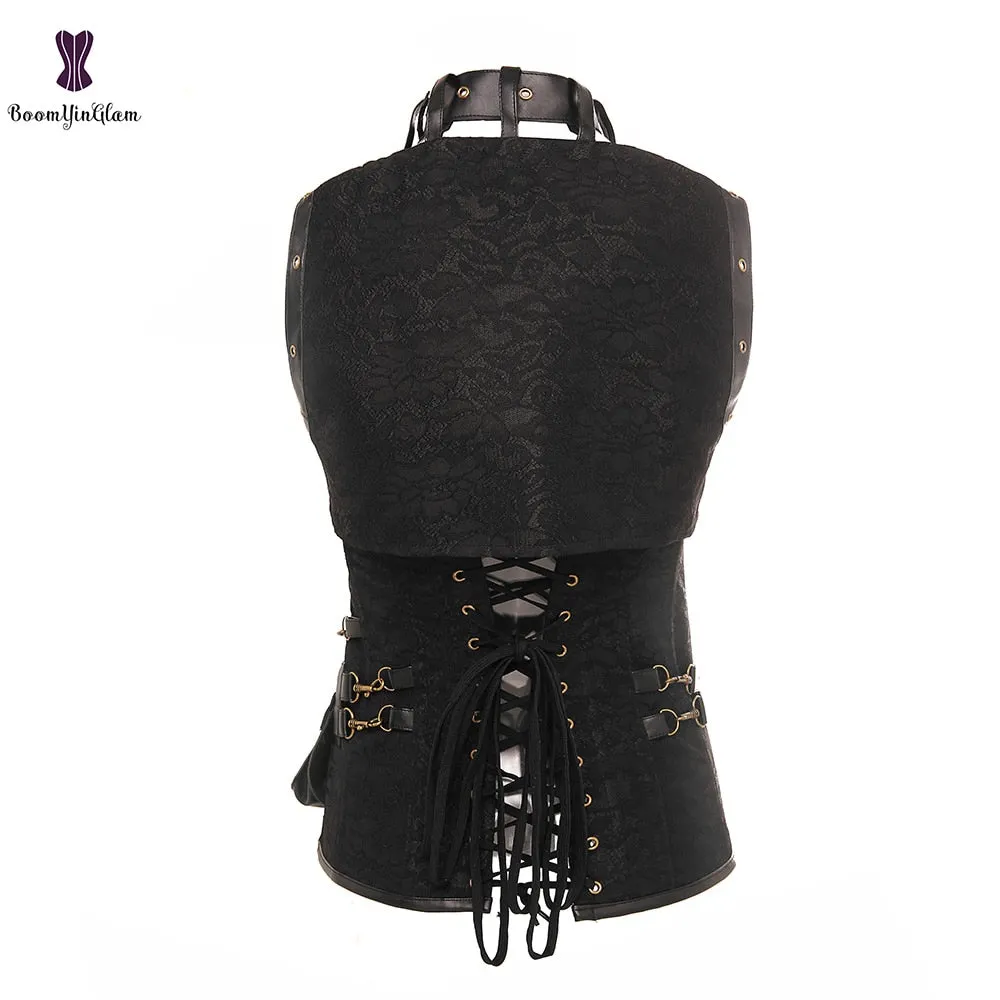Black Women's Spiral Steel Boned Goth Retro Overbust Steampunk Bustier Corset With Jacket Plus Size 926#