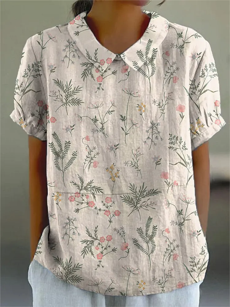 Lovely Spring Garden Pattern Printed Women's Casual Cotton And Linen Shirt