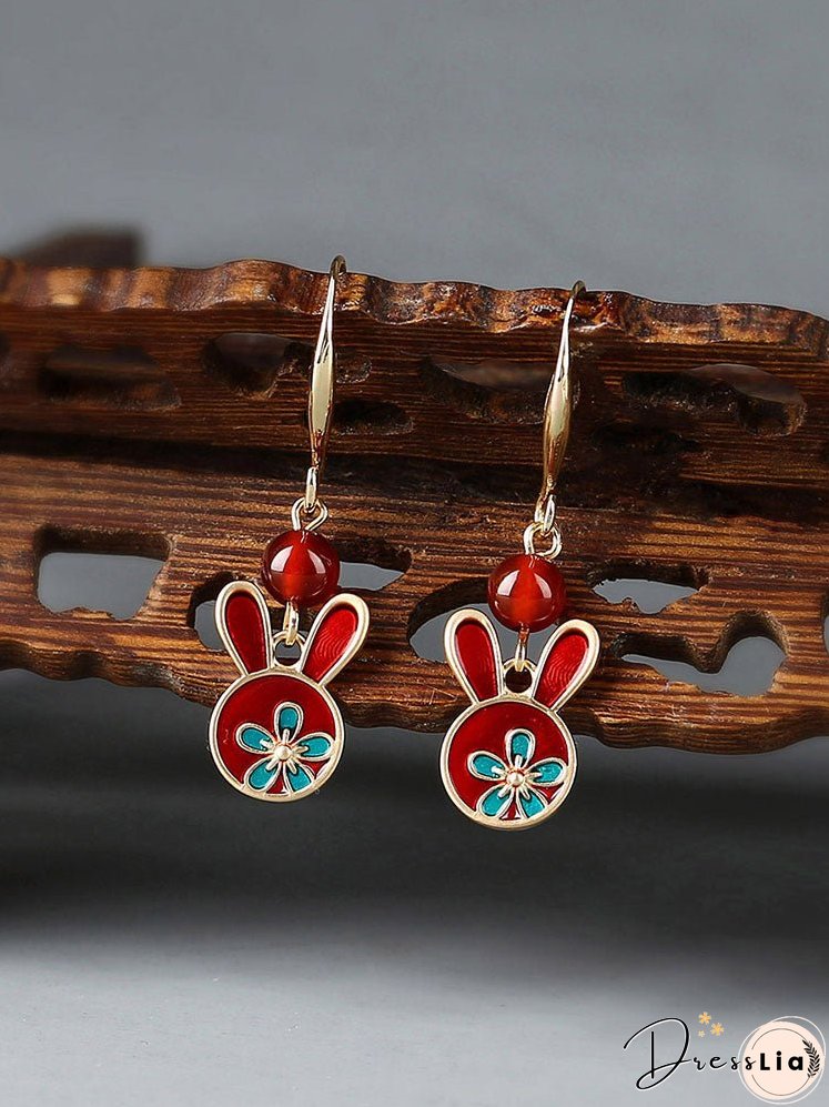 Red earrings antique rabbit earrings with cheongsam retro sterling silver ethnic earrings