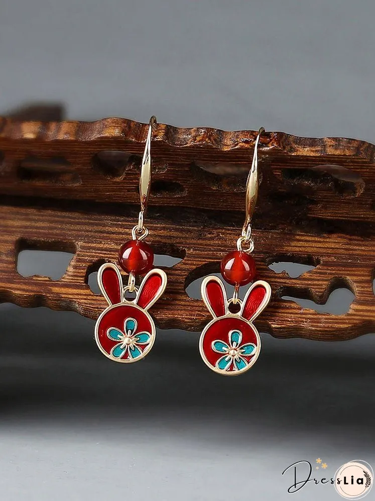 Red earrings antique rabbit earrings with cheongsam retro sterling silver ethnic earrings