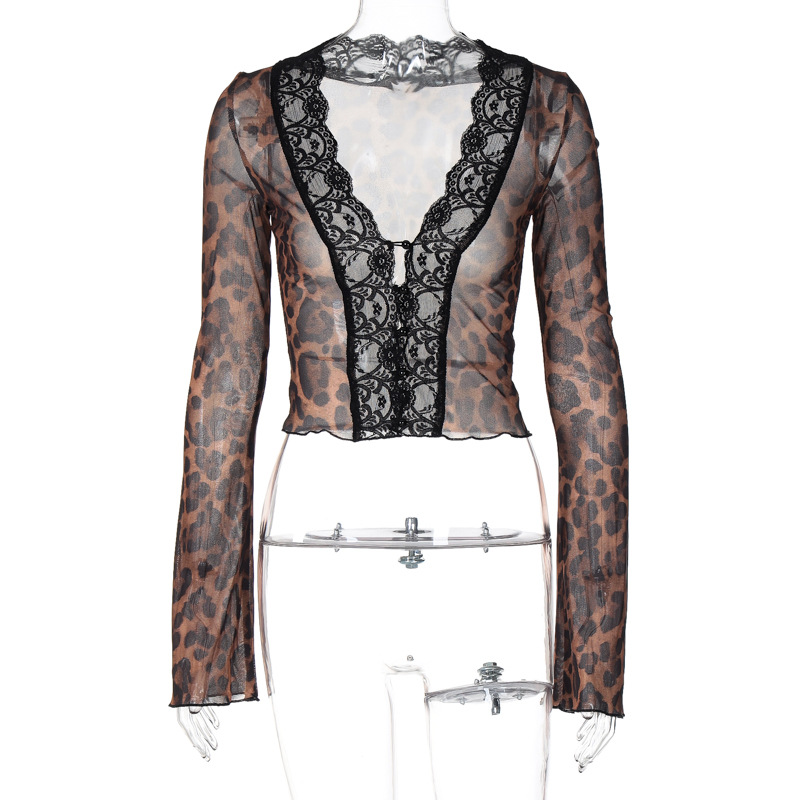 Ootddress Women's Sexy Mesh See Through Tee Shirt Summer Leopard Print Deep V Slim Long Bell Sleeve Fit Evening Club Partywear Top