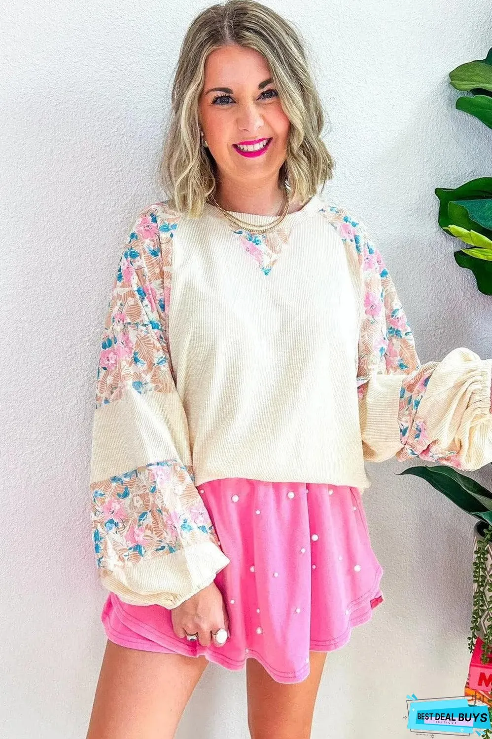Apricot Plus Size Floral Patchwork Ribbed Puff Sleeve Top