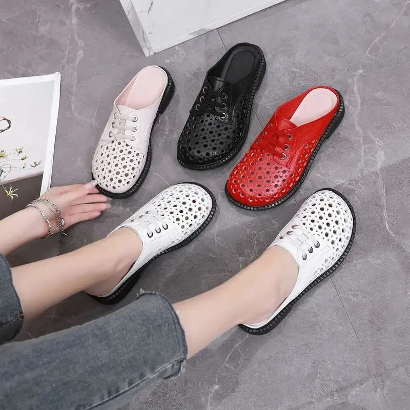 GKTINOO 2022 New Summer Round Toe Hollow Genuine Leather Slippers Casual Sandals Low Heel Shoe Slippers Women Sandals Large Size