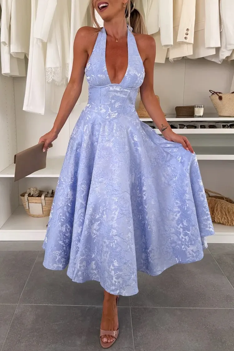Halter Neck Jacquard Corset Flared Maxi Dress