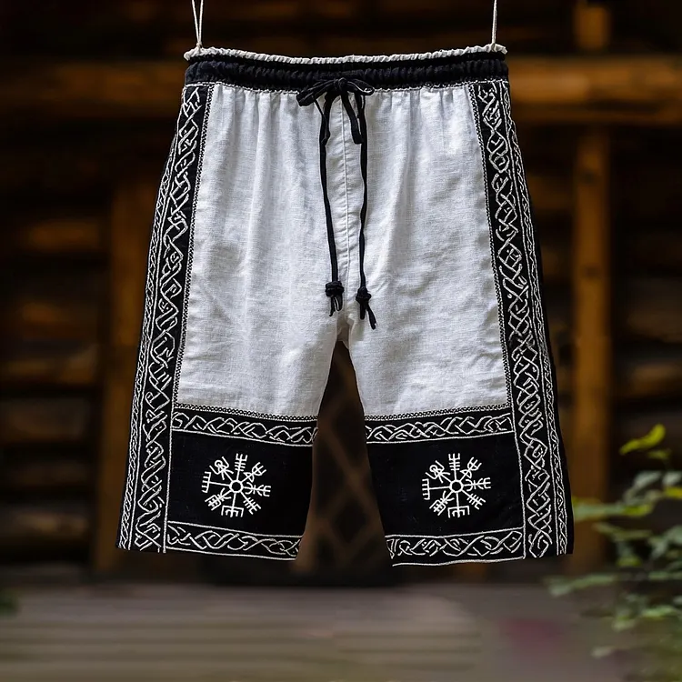 Vintage Viking Runes Celtic Embroidery Patchwork Art Linen Shorts