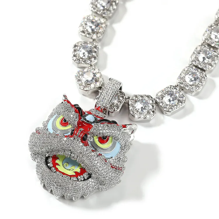Lion Head Pendants Iced Out Hip Hop Bling Bling Necklaces In Silver For Men