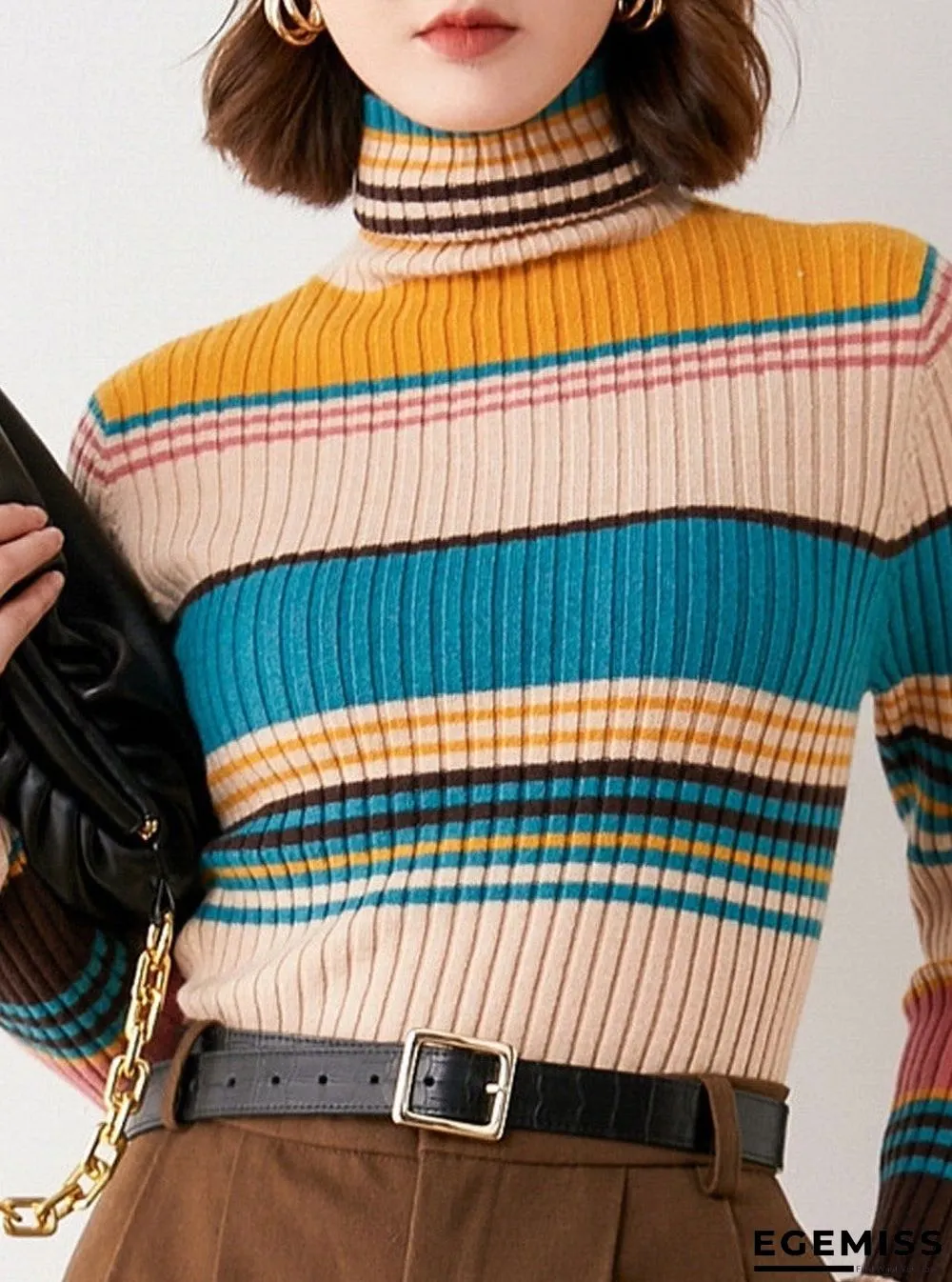 Fall/Winter Turtleneck Color Striped Slim-fit Knit Sweater | EGEMISS