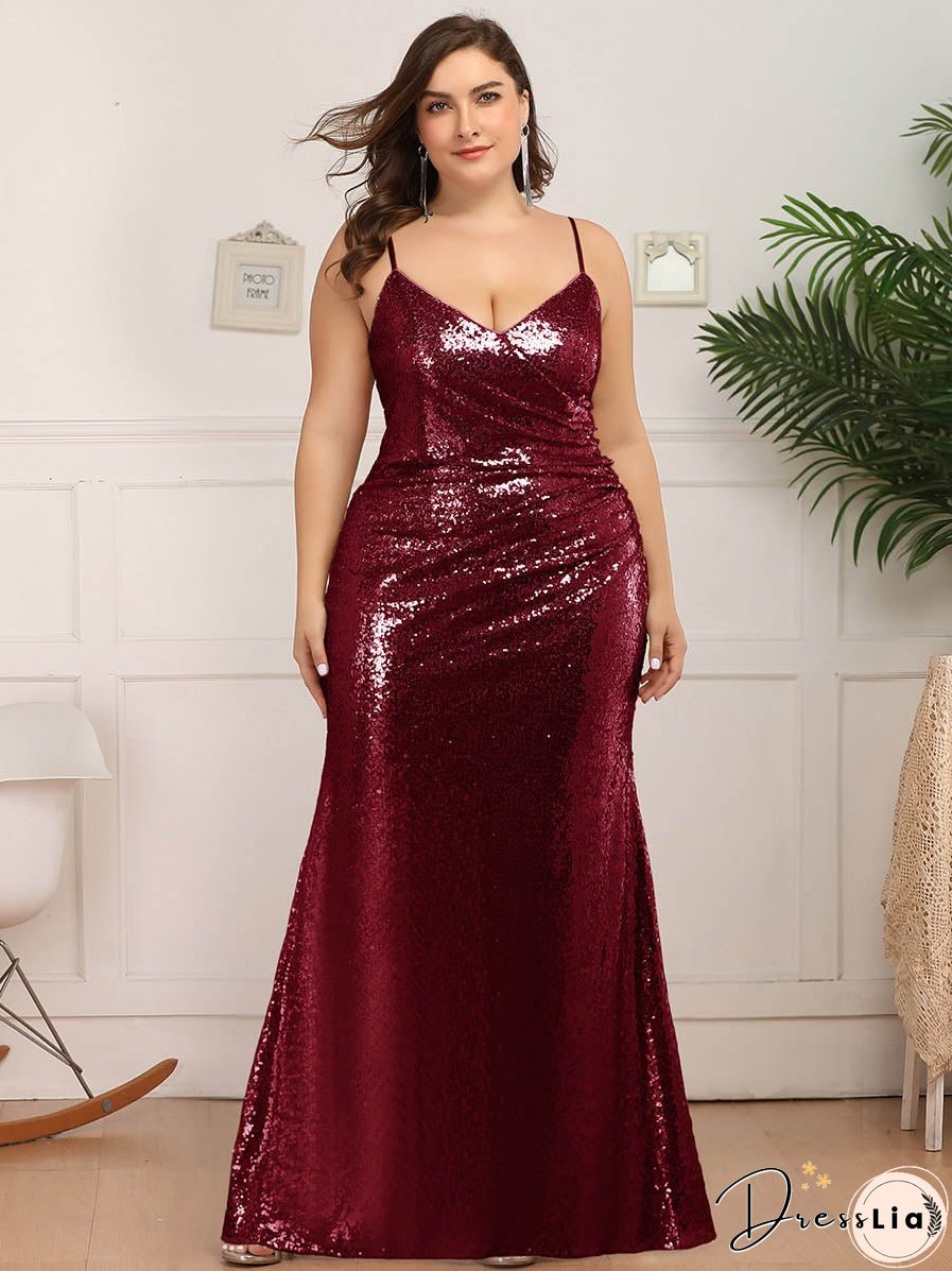 Sexy Spaghetti Straps Fishtail Sequin Wholesale Plus Size Evening Gowns