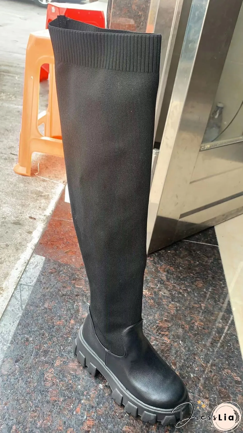 Plus Size Fly Knee Round Toe High Leg Woven Boots