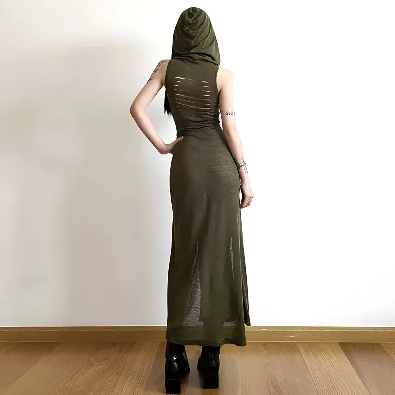Brownm Hooded Cut Out Back Midi Dress