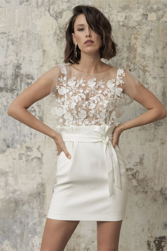 Lussooy Applique Short Bateau Wedding Dress With Belt Pocket  