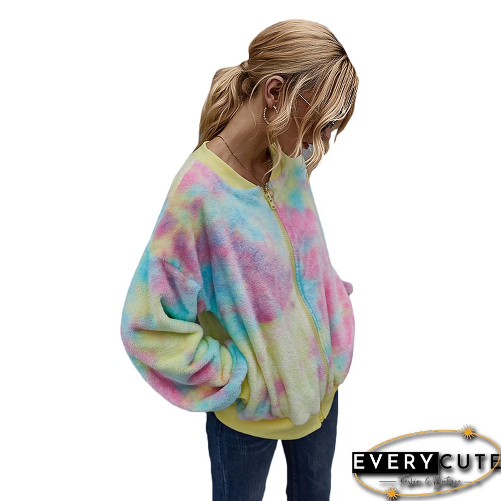 Yellow Zipper Up Tie Dye Print Plush Coat