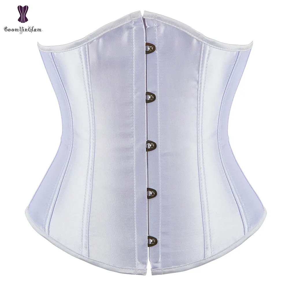 Satin Women's Slimming Outfit Clothes Waist Cincher Lace Up Boned Bustier Top Underbust Corset With G String 28335#