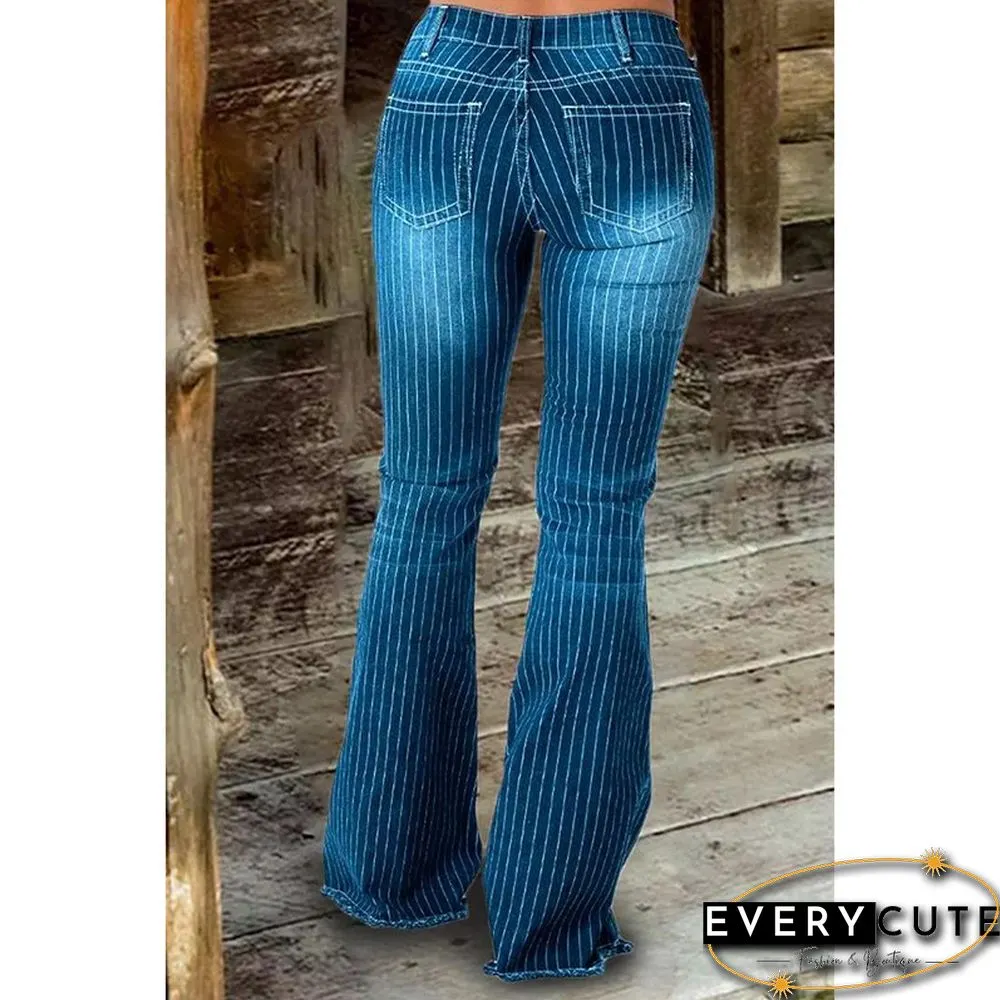 Pocketed Striped Bell Bottom Denim Pants