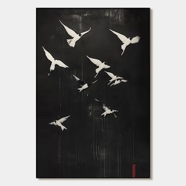 FLIGHT OF DREAMS: Minimalist Birds on Black Oil Painting（Canvas painting）