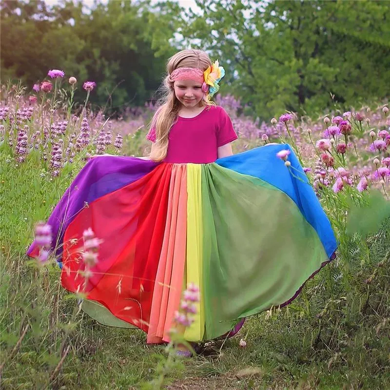 2021 Spring Girls Dress Brand New Arrival Kids Pastel Rainbow Cotton Ankle-length Princess Dress Up for Girls Casual Clothing