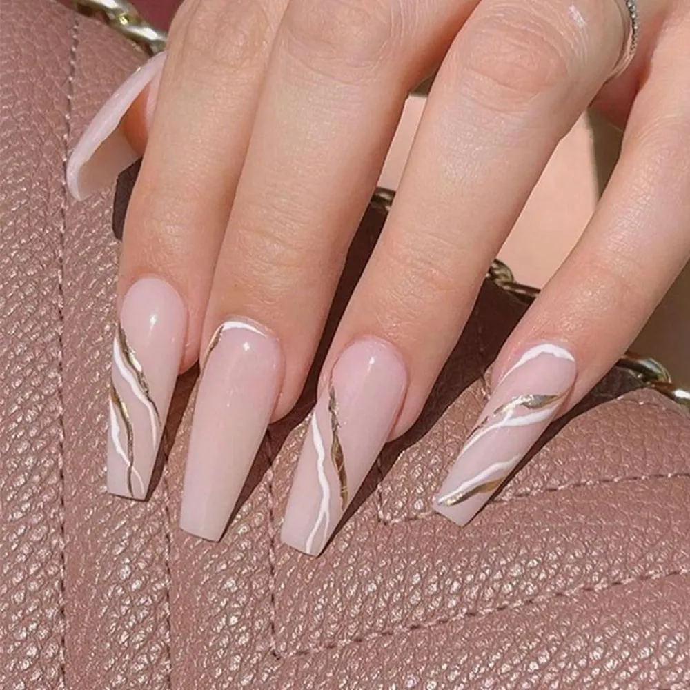 Detachable Marble Gradient Long Coffin False Nails Wearable Gold Foil Ballerina Fake Nails Full Cover Nail Tips Press On Nails