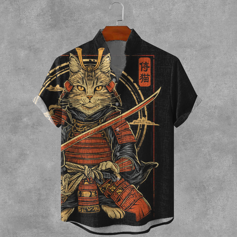 Men's The Samurai Cat Print Short Sleeve Shirt elevenforest