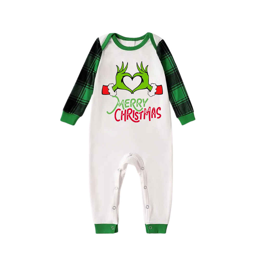 Cartoon Pattern and Merry Christmas Text Print Long Sleeve Top With Green & Black Plaid Family Matching Pajamas