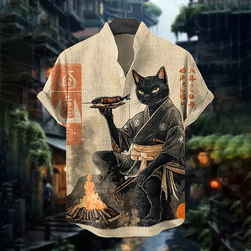 Men's Kimono Black Cat Grilled Fish Art Print Casual Shirt