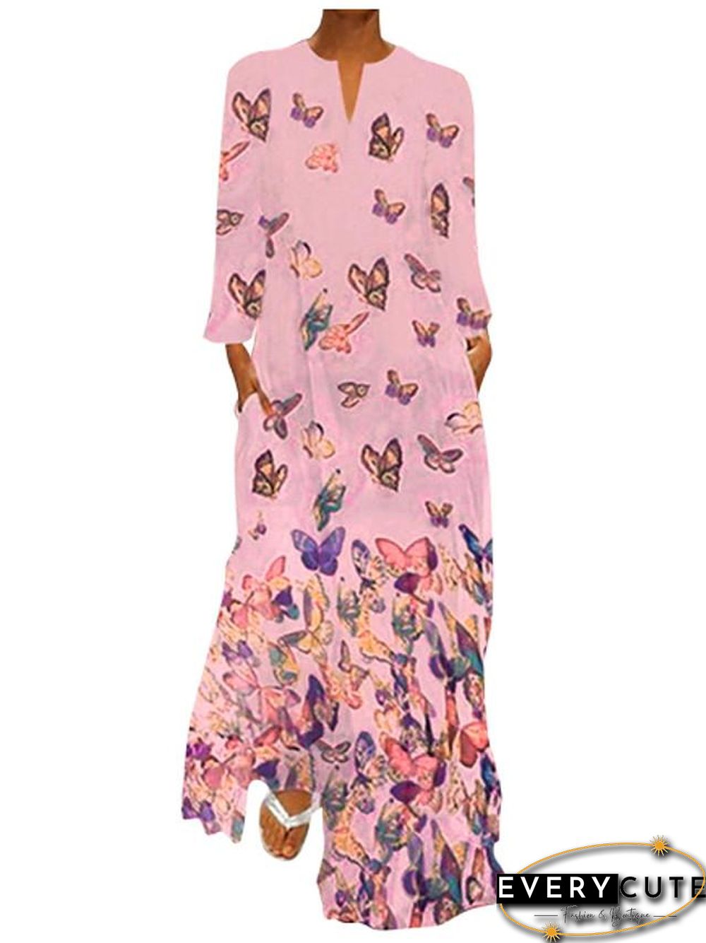 Women's Shift Dress Maxi long Dress - Long Sleeve Butterfly Spring Fall Hot Loose White Yellow Blushing Pink Light Blue S M L XL XXL 3XL 4XL 5XL