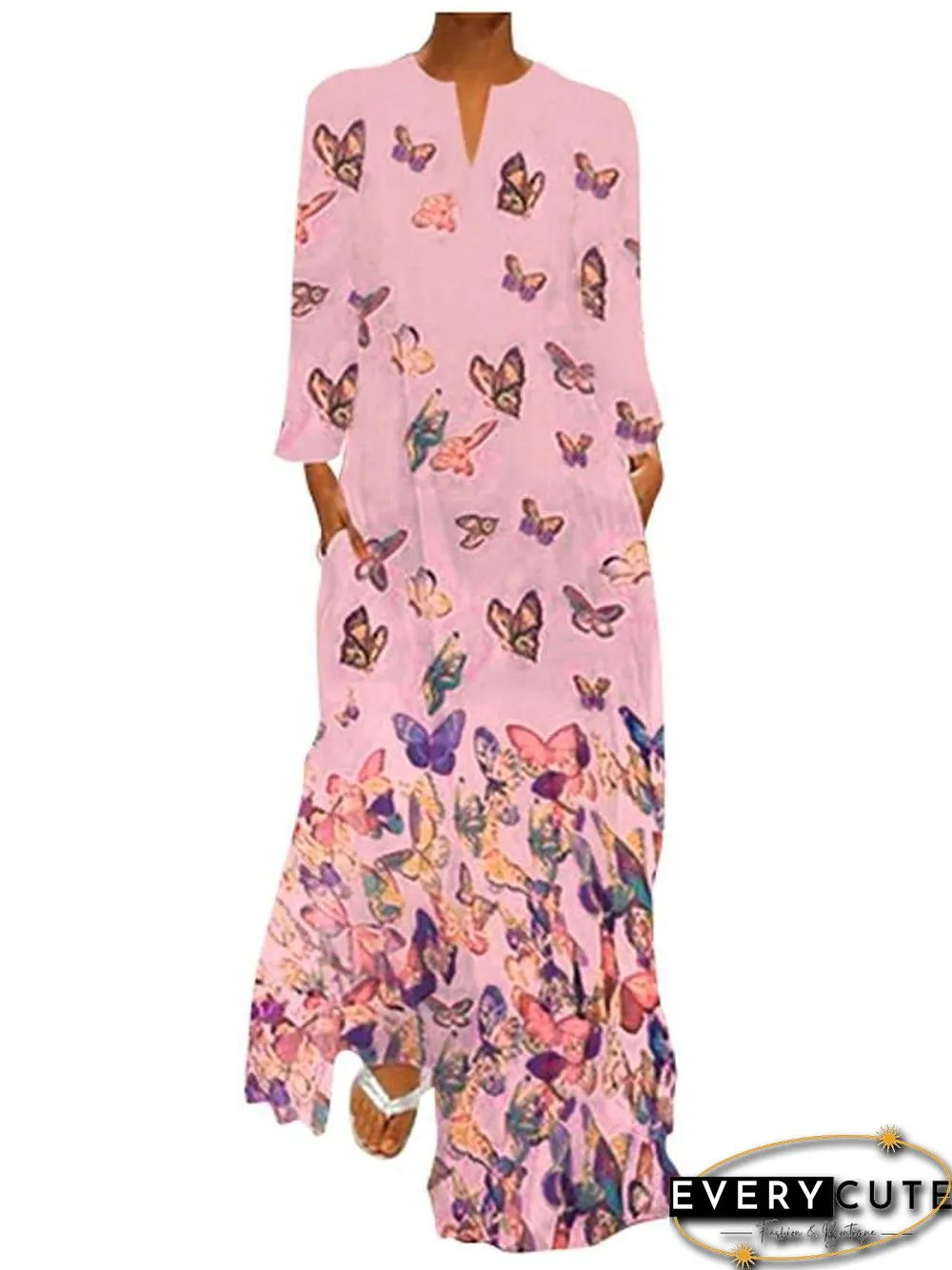 Women's Shift Dress Maxi long Dress - Long Sleeve Butterfly Spring Fall Hot Loose White Yellow Blushing Pink Light Blue S M L XL XXL 3XL 4XL 5XL