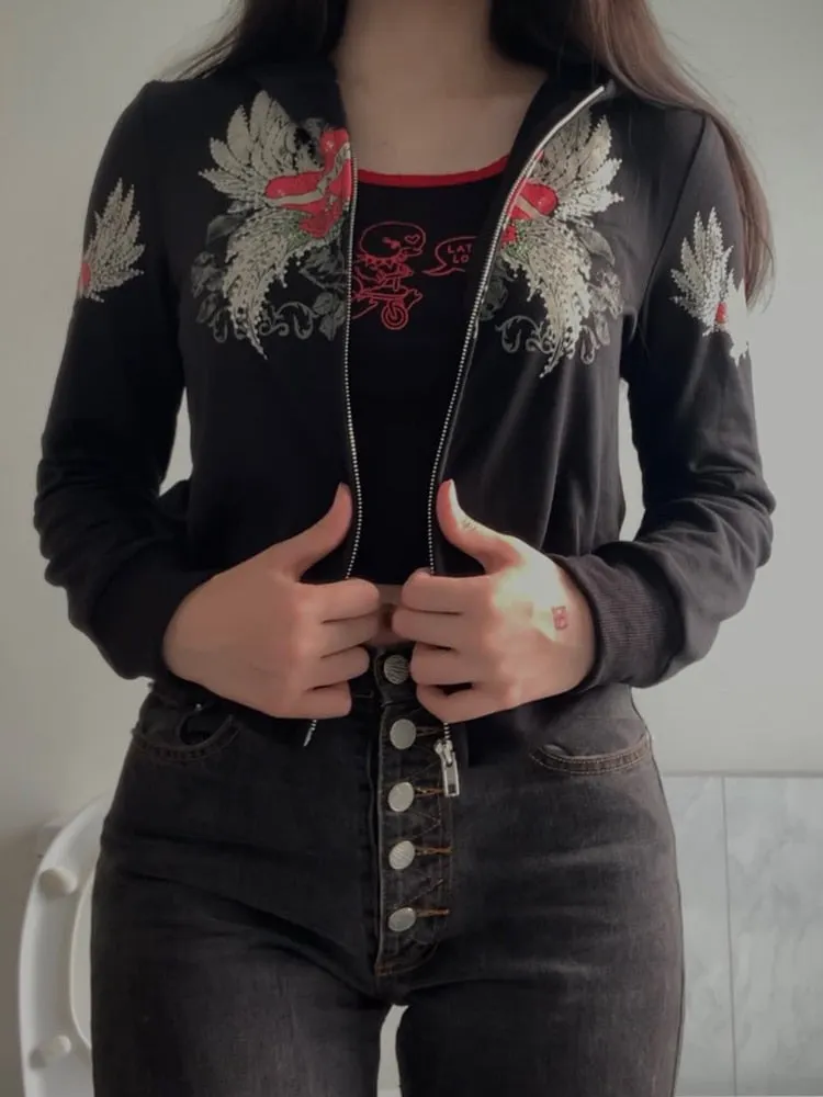 Rapcopter Print y2k Kawaii Jackets Rhinestone Zipper Hoodies Grunge Long Sleeve Cropped Coat Vintage Autumn Winter Women Clothes