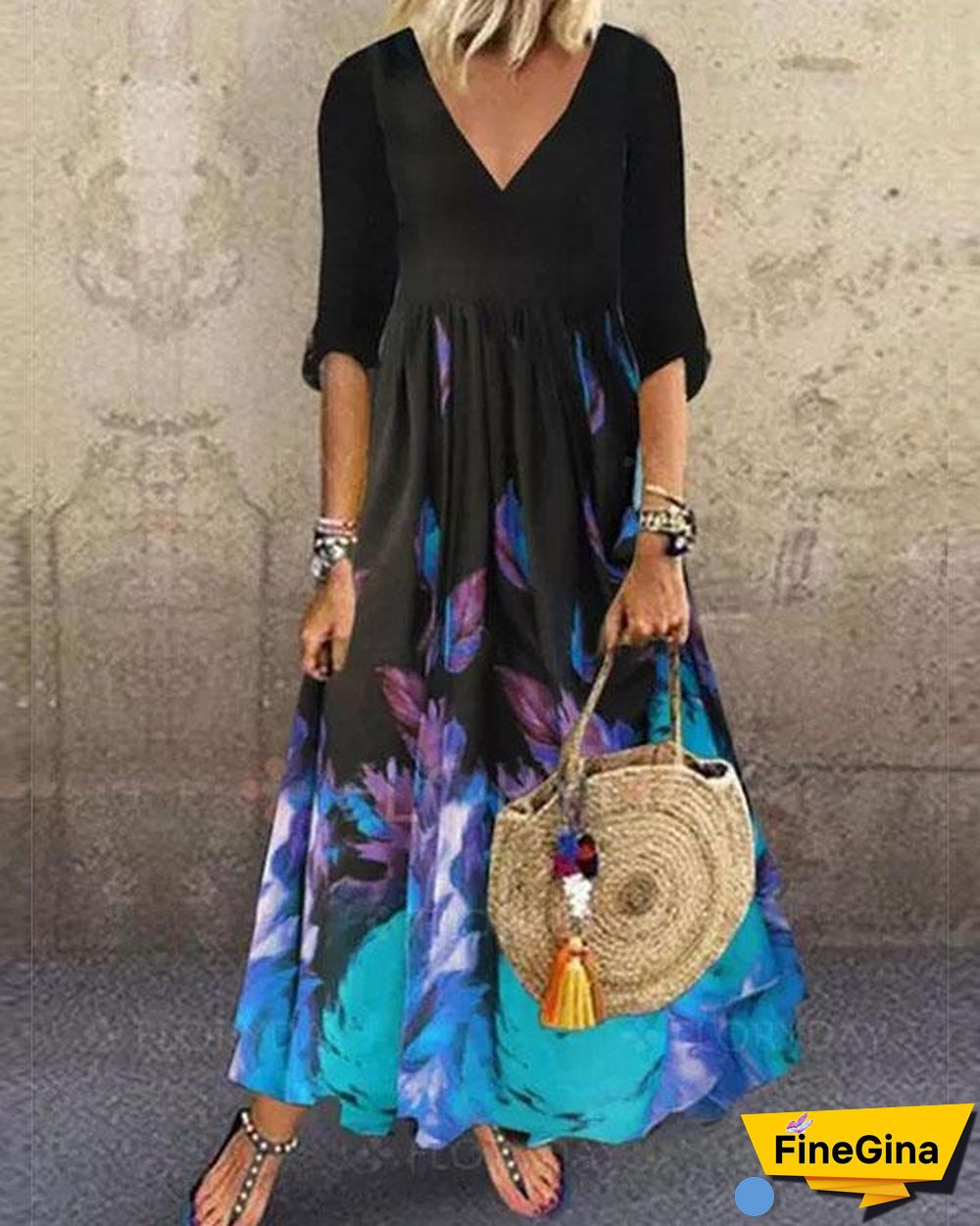 Women Floral Print Half Sleeve Princess Dress Maxi Dresses