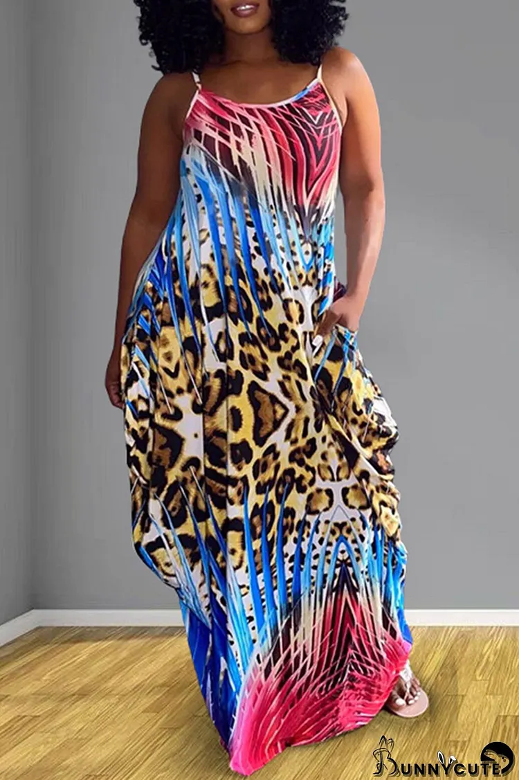 Multicolor Fashion Sexy Print Backless Spaghetti Strap Long Dress Dresses