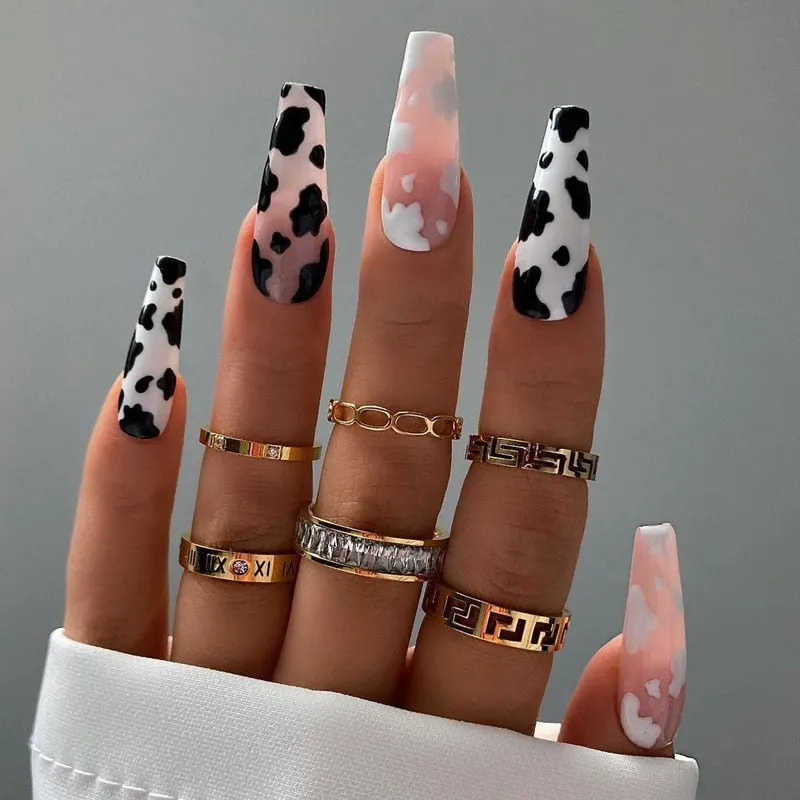 24pcs/Set Coffin Fake Nails European Star Pink Gradient Ballerina Nail Art Full Tips with Sticker Detachable False Nails-Nail Inspo