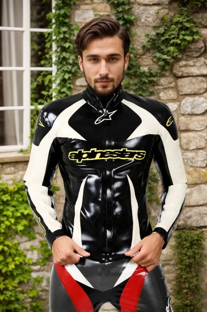 Men Latex Jacket Black & White Motorcycle