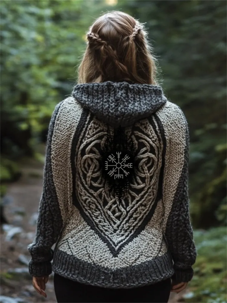 Vintage Viking Vegvisir Celtic Cozy Chunky Hooded Cardigan