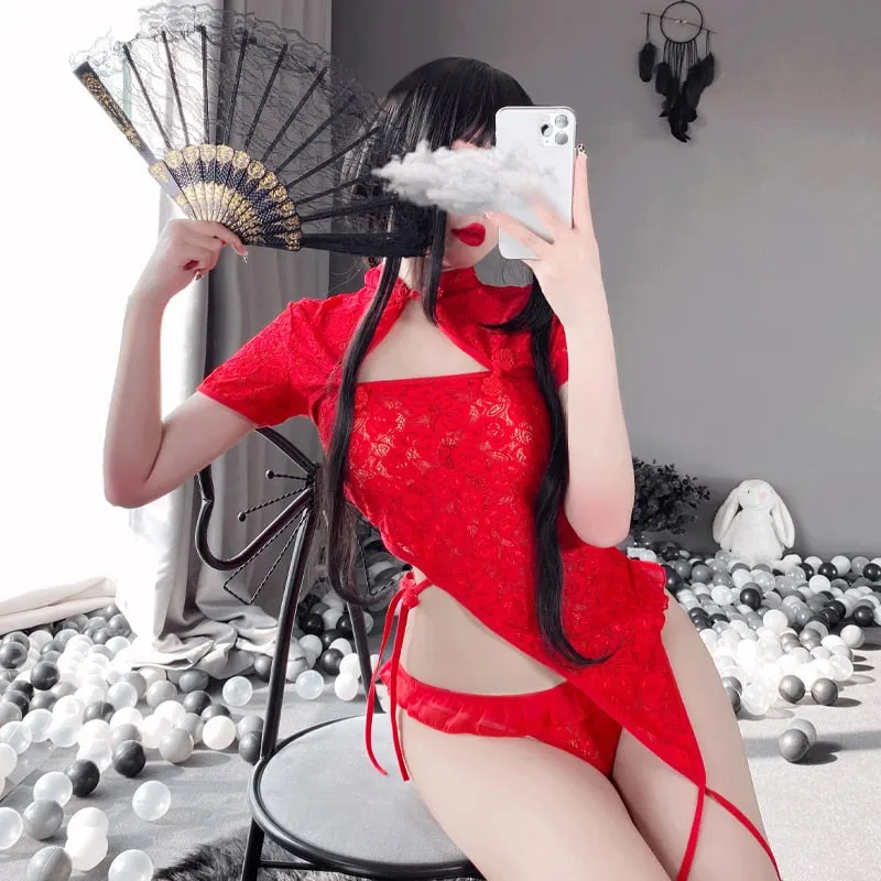OJBK Sexy Lingerie Temptation Cheongsam Suit Chinese Qipao Uniform Lace Perspective Hollow out Charming Nightgowns Mini Dress