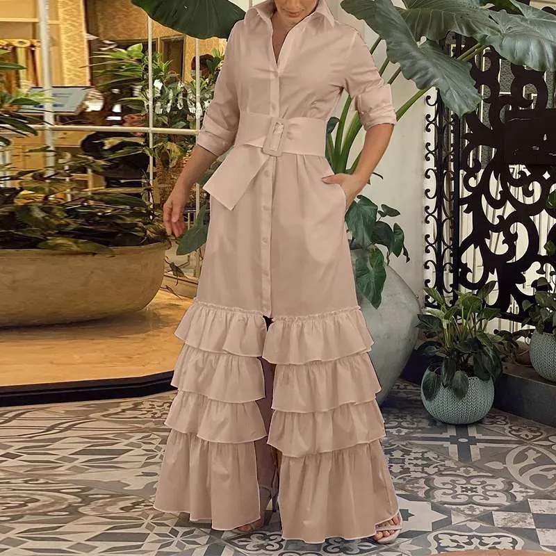 Women Party Maxi Dress 2022 VONDA Spring Holiday Dress Casual Vintage Long Sleeve Lapel Button Down Ruffled Vestidos Robe Femme