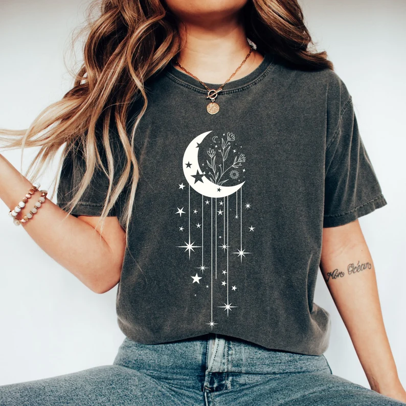 Celestial Moon Crystals Graphic Cozy 100% Cotton Short Sleeve T-Shirt elevenforest