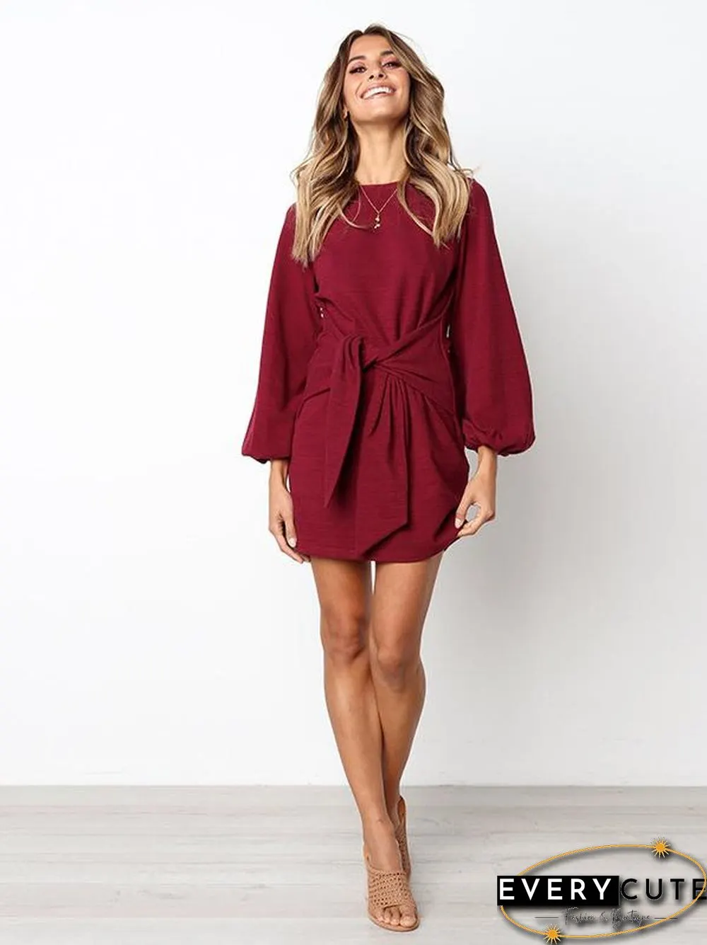 Long Sleeves Round Neck Waist Wrap Mini Dress