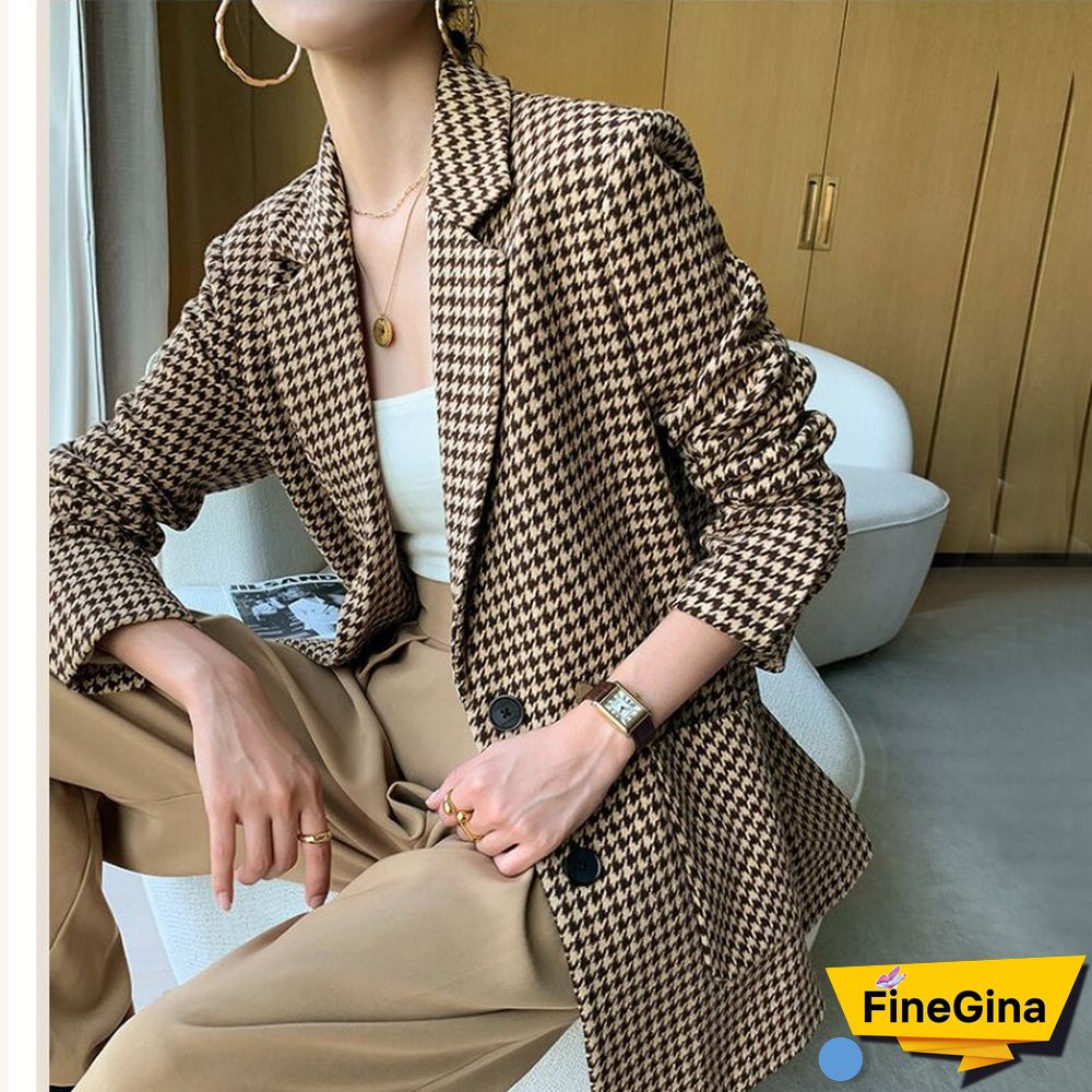 Women Jacket Long Sleeve Plaid Blazer with Belt Autumn Coat Office Lady Elegant V-Neck Over Size Blazers for Women with Pockets